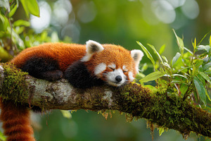 Sleeping red panda on a tree branch, an Animal Photo by AlyaAnd