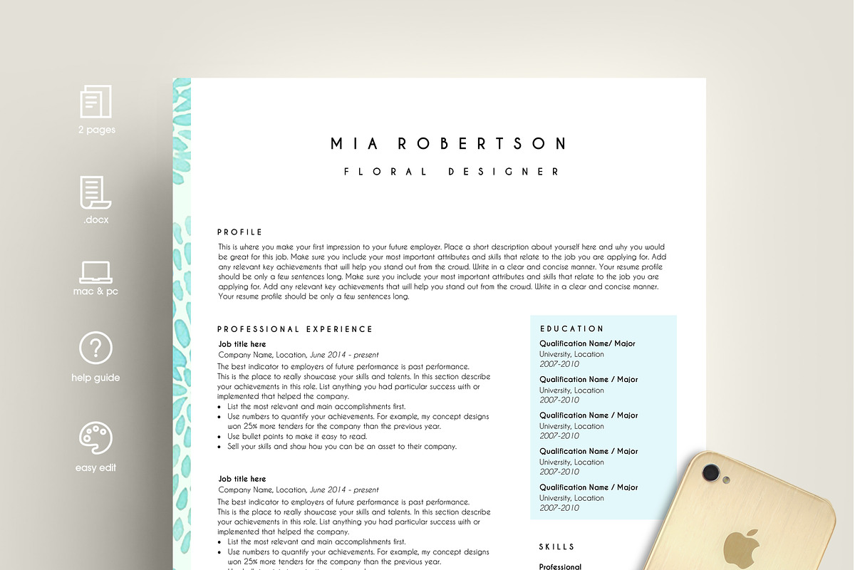 creative resume template word blue, a Resume Template by PinkJellyfish (Photo 1 of 3)