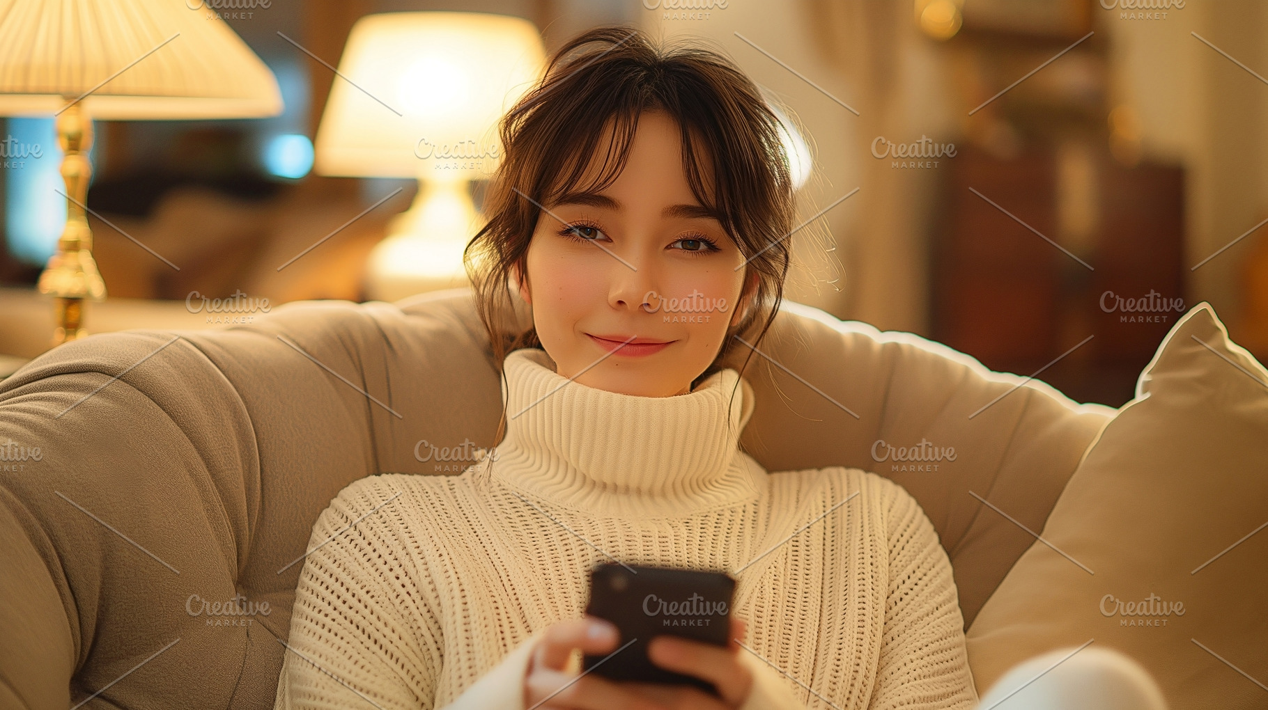 A young Asian woman relaxed on a cozy couch, smiling while using her smartphone, a Person Photo by ImageMir
