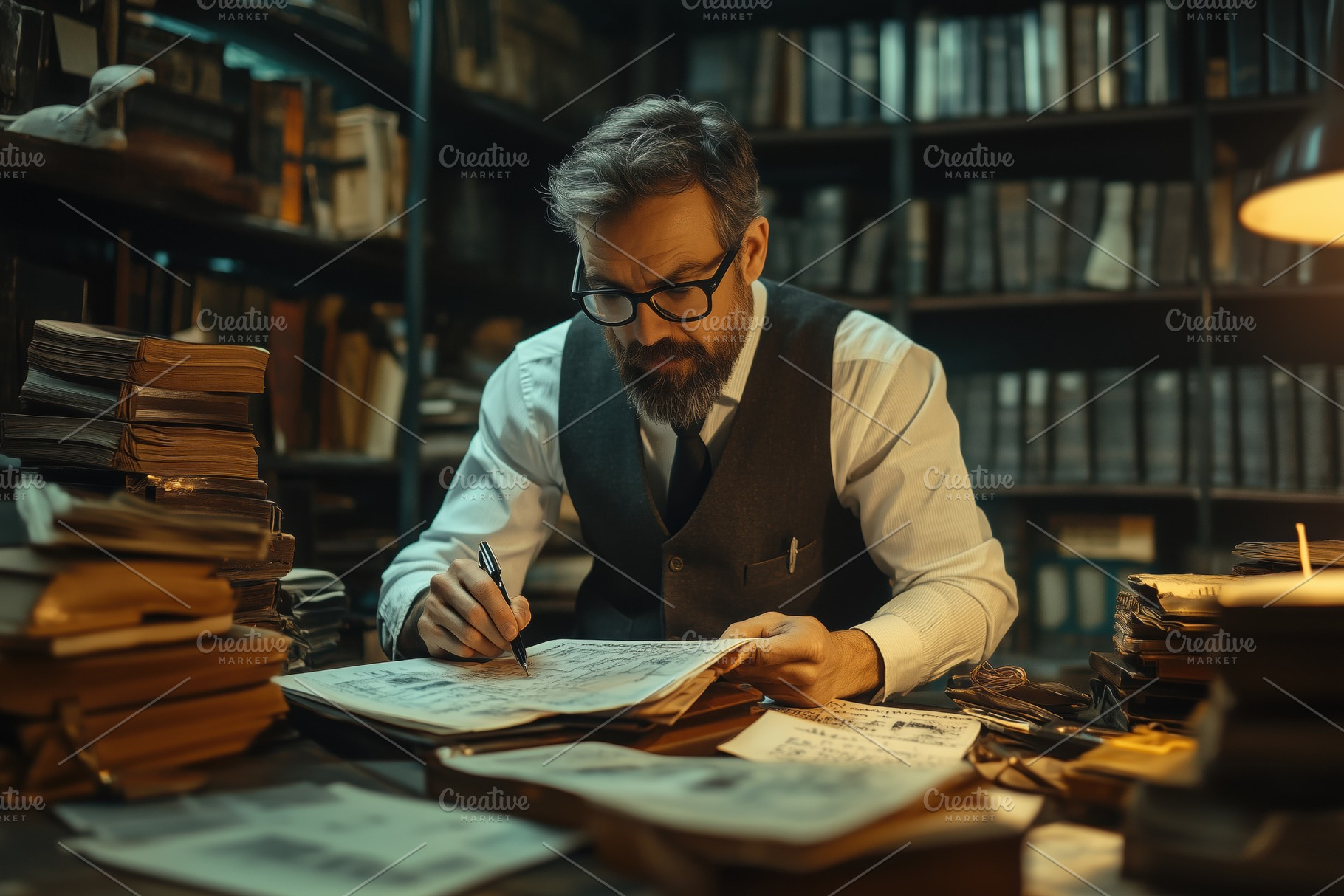 A scholarly accountant man with glasses sits at a cluttered desk filled with bo, a Person Photo by Textures & Backgrounds