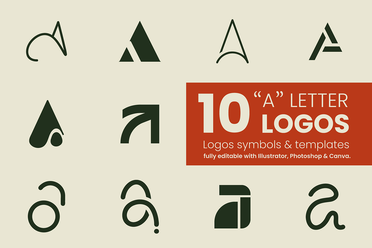 'A' Letter Logo Kit, 10 logos editable