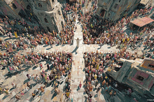 Crowd gathered around person on cross-shaped stone path in brigh, a Person Photo by José Manuel Gelpi