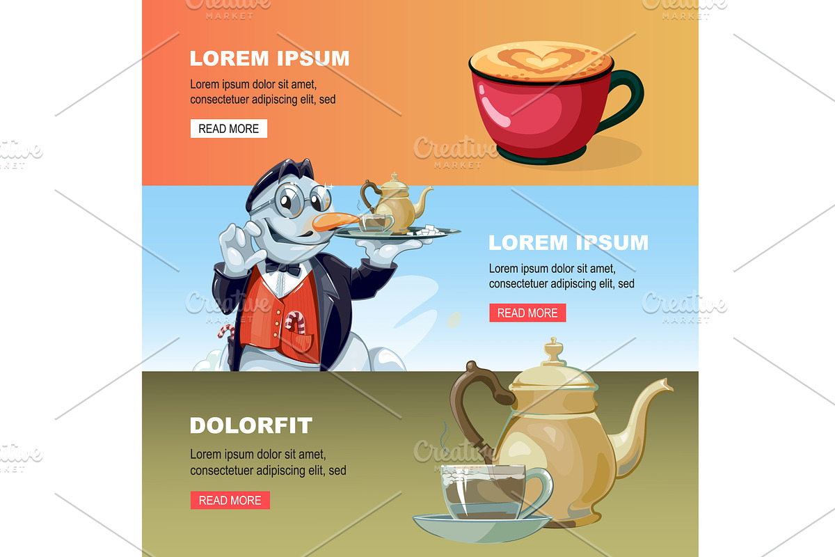 tea time banners. mugs with hot, a Food Illustration by Multigon