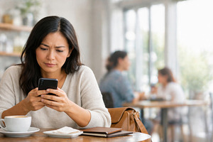 Woman in cafe focused on smartphone,, a Photo by Dvoevnore photos