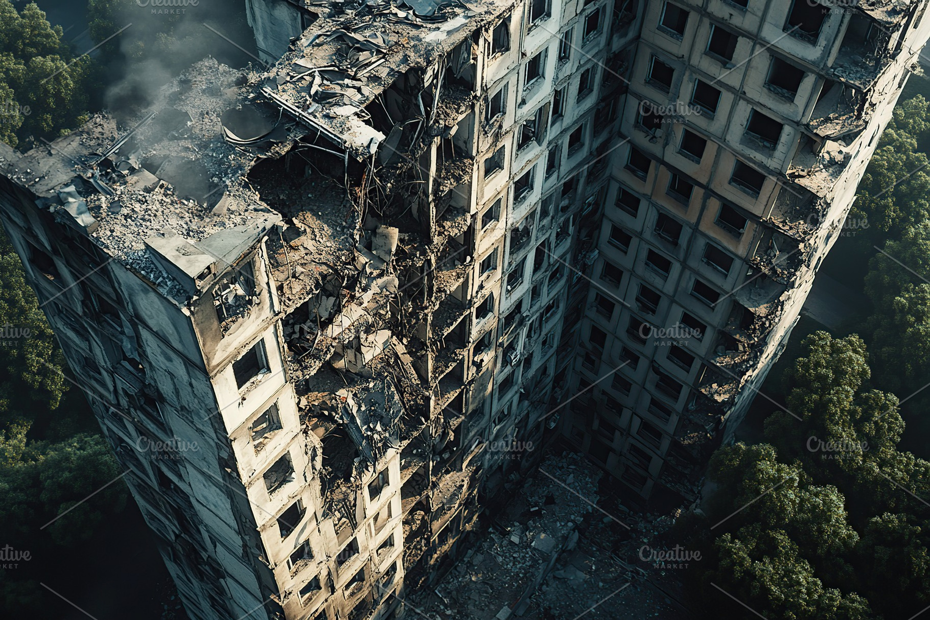 Destroyed apartment building after drone attack, military missile strike, an Architecture Photo by AlyaAnd