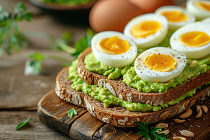 Toast rye bread with avocado puree and hard boiled eggs on wooden table, a Food & Drink Photo by AlyaAnd