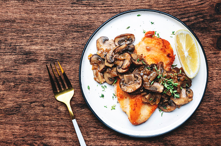 Fried chicken breast with mushrooms and onion sauce with white w, a Food & Drink Photo by 5PH