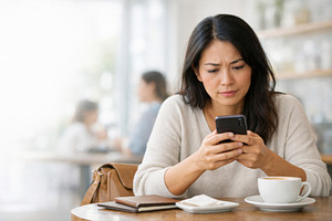Anxious concept. Asian woman looking concerned while using smart, a Photo by Dvoevnore photos