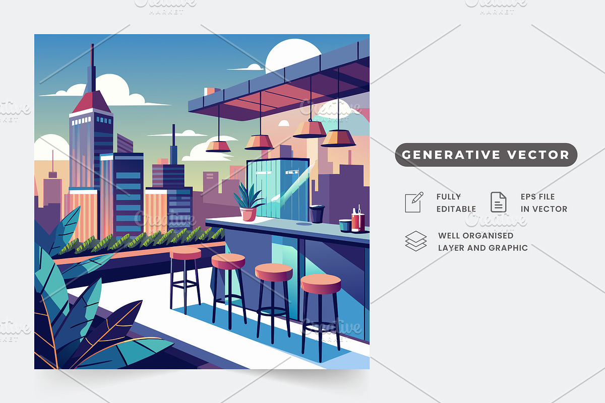 A modern rooftop bar with a simple d, a Graphic by Iftikhar Alam