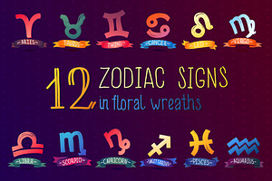 Zodiac sign set in floral wreaths