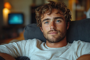 Portrait of handsome man sitting on sofa at home, a Person Photo by AlyaAnd