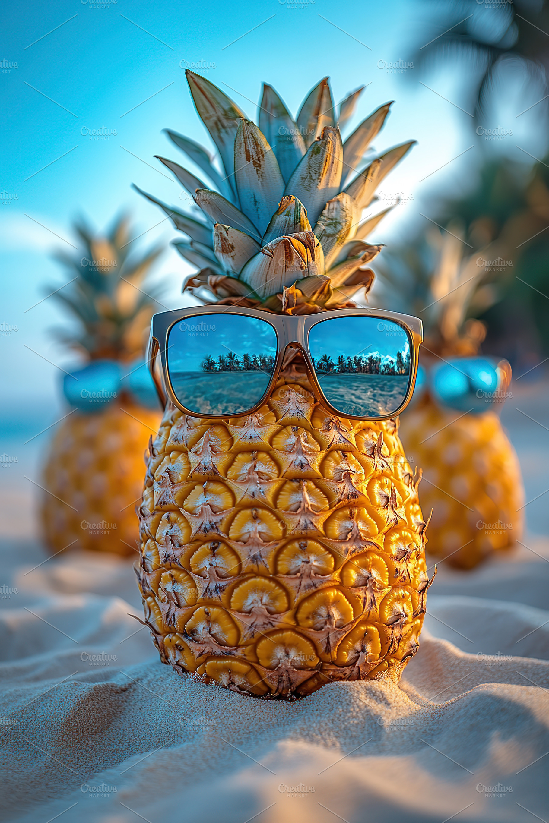 Pineapples wearing sunglasses at the beach during sunset create a playful tropi, a Photo by AlyaAnd