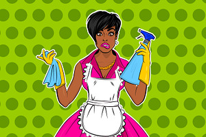 Black cute pop art woman cleaning