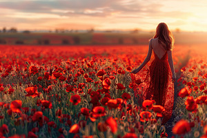 Back view of young beautiful woman in red poppy flowers field, a Nature Photo by AlyaAnd