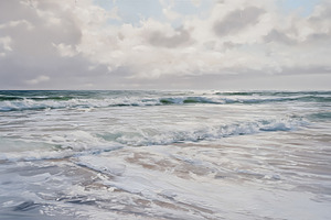 Ocean waves crashing on a sandy beach under a cloudy sky, creati, a Decorative Illustration by Studio ANNA