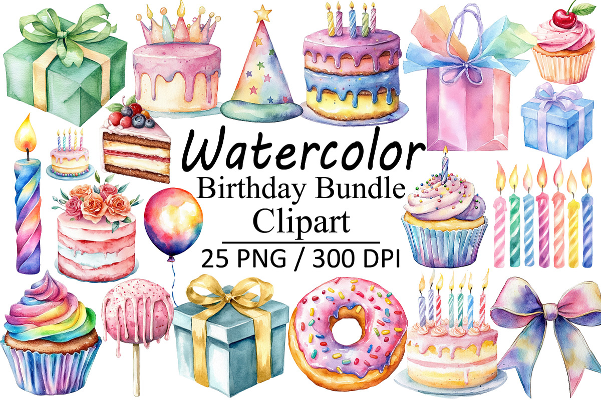 Watercolor Birthday Clipart, an Illustration by Design Market (Photo 1 of 3)