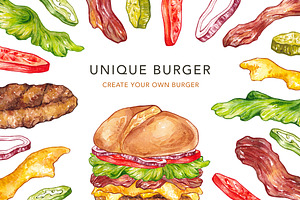 Unique Burger. Watercolor