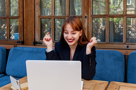 The girl is talking on a video link, a Person Photo by Photostock