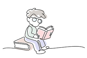 Small boy pupil reading book sitting, an Education Illustration by Valenty