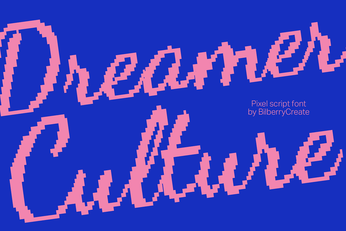 Dreamer Culture is a pixel script, a Script Font by BilberryCreates (Photo 1 of 11)