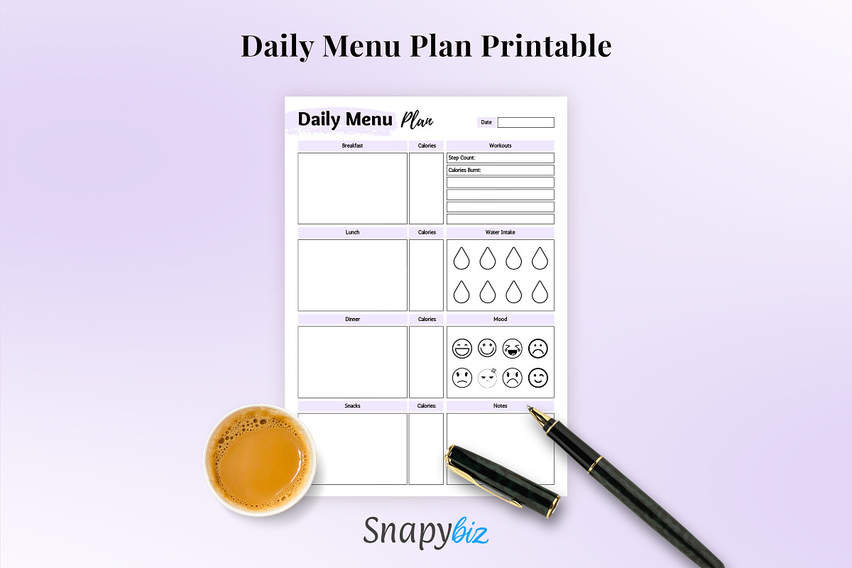 Daily Menu, Daily Menu Chart, a Print Template by Snapybiz
