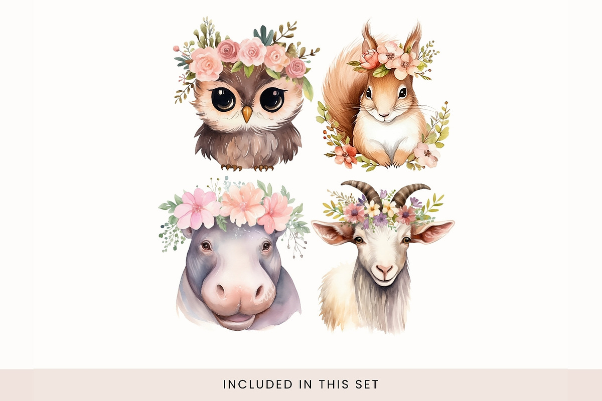 Animals in Floral Crowns Clipart, a Decorative Illustration by illuztrate (Photo 2 of 9)