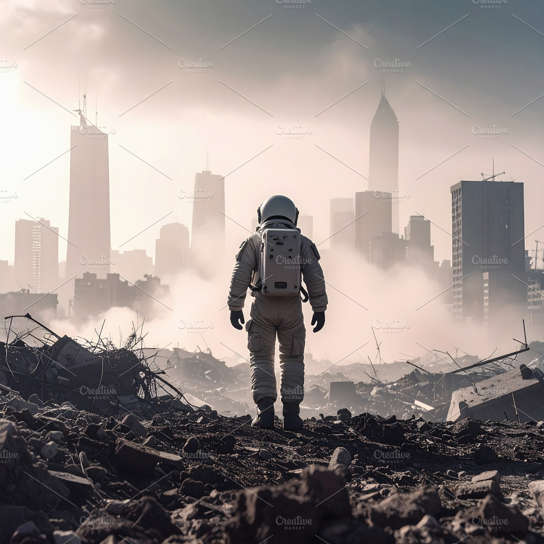Astronaut exploring ruined city skyline surrounded by heavy smok, a Nature Photo by GoodGoods
