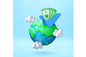 3D Paper airplane flying with money, a Finance Illustration by Abscent