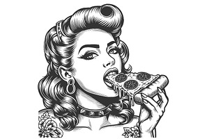 Edgy Woman with Tattoos Eating Pizza, a Food Illustration by AlexArt
