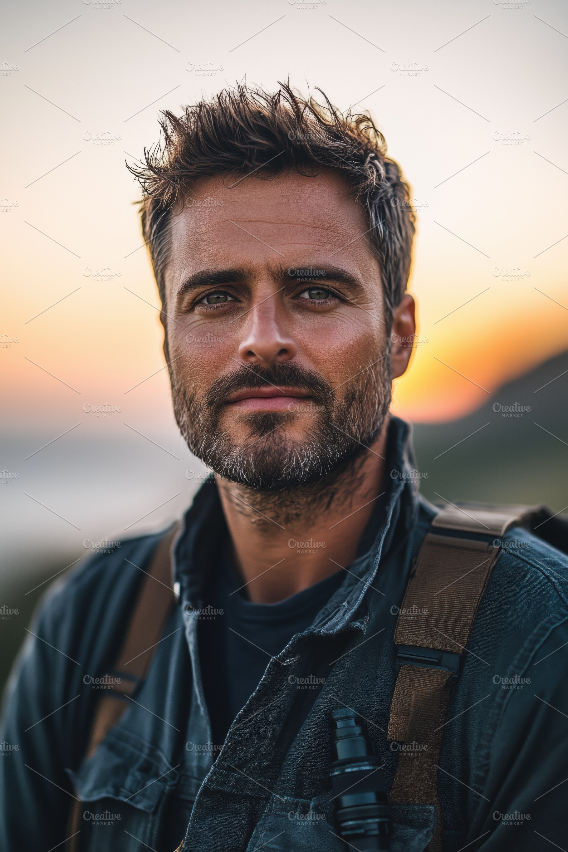 A rugged man with a beard, wearing a dark jacket and straps, stands against a s, a Person Photo by Textures & Backgrounds