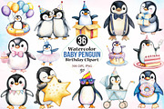 Watercolor Cute Baby Penguin Birthda, an Animal Illustration by Canvas Craft (Thumbnail 1 of 3)