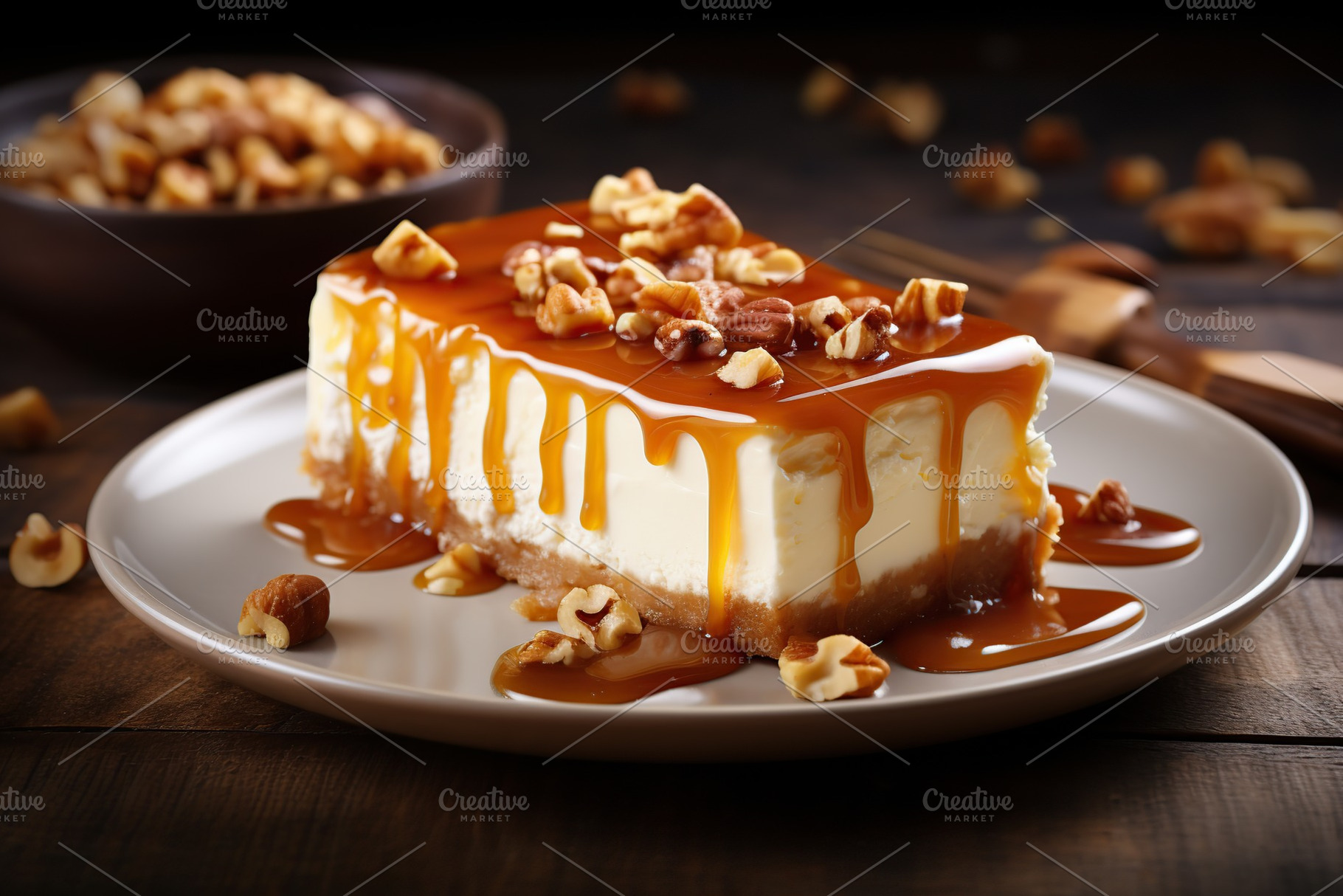 Piece of cheesecake with caramel and nuts on wooden table, a Food & Drink Photo by AlyaAnd