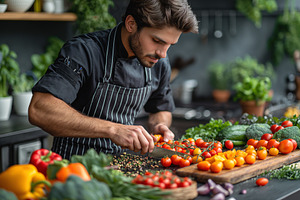 A focused male chef preparing fresh ingredients in a vibrant kitchen filled wit, a Person Photo by ImageMir