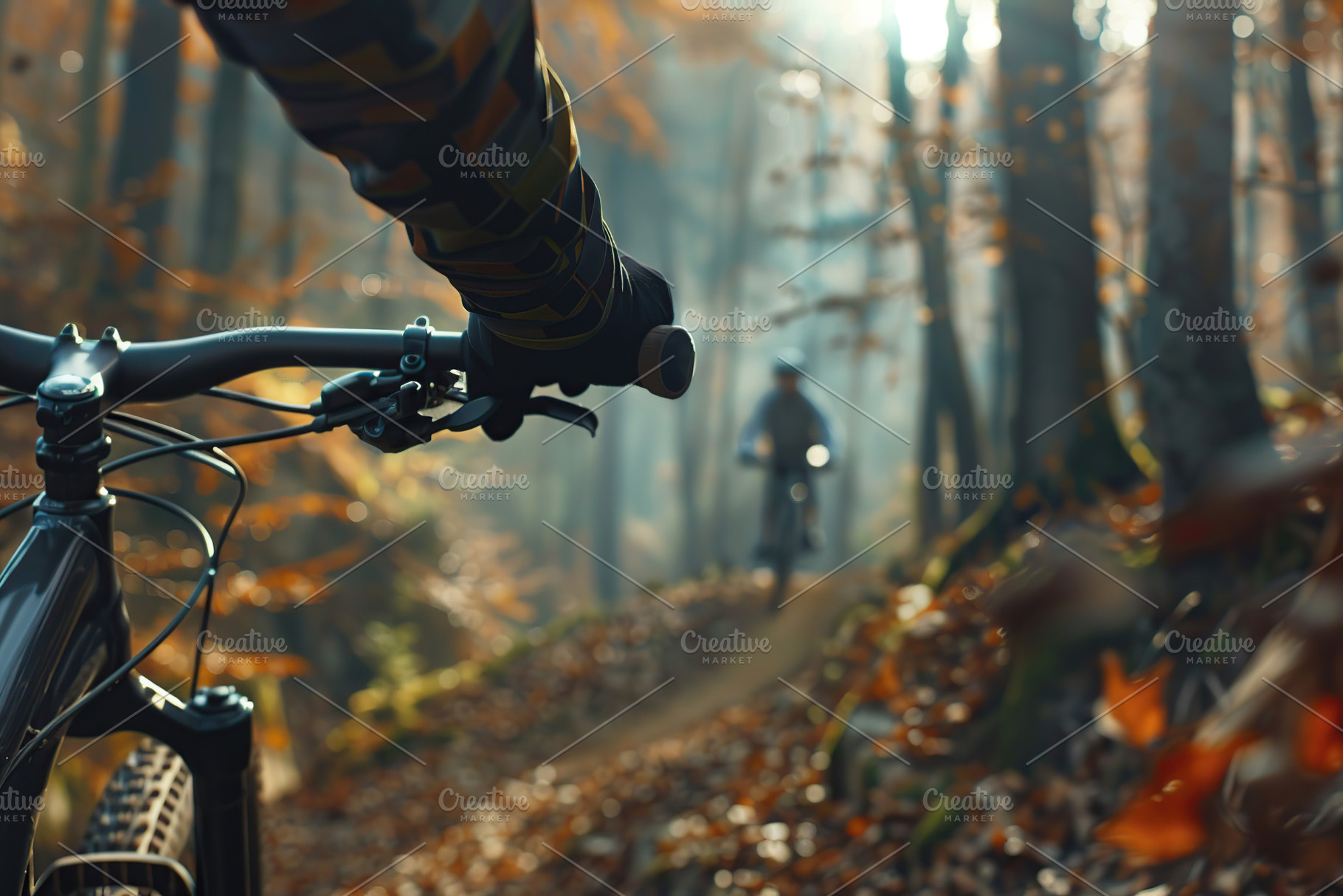 Cyclist on mountain bike riding on a bike on forest path, a Sports & Recreation Photo by AlyaAnd