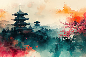 Japanese temple watercolor painting, a Photo by Pixeness Studio
