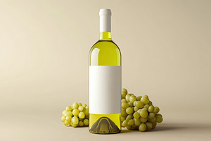 Blank label wine bottle surrounded by green grapes on a neutral background, a Food & Drink Photo by AlyaAnd