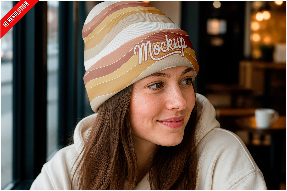 Beanie Cafe Window Mockup PSD, a Hat Mockup by Bruno's Shop (Photo 1 of 3)
