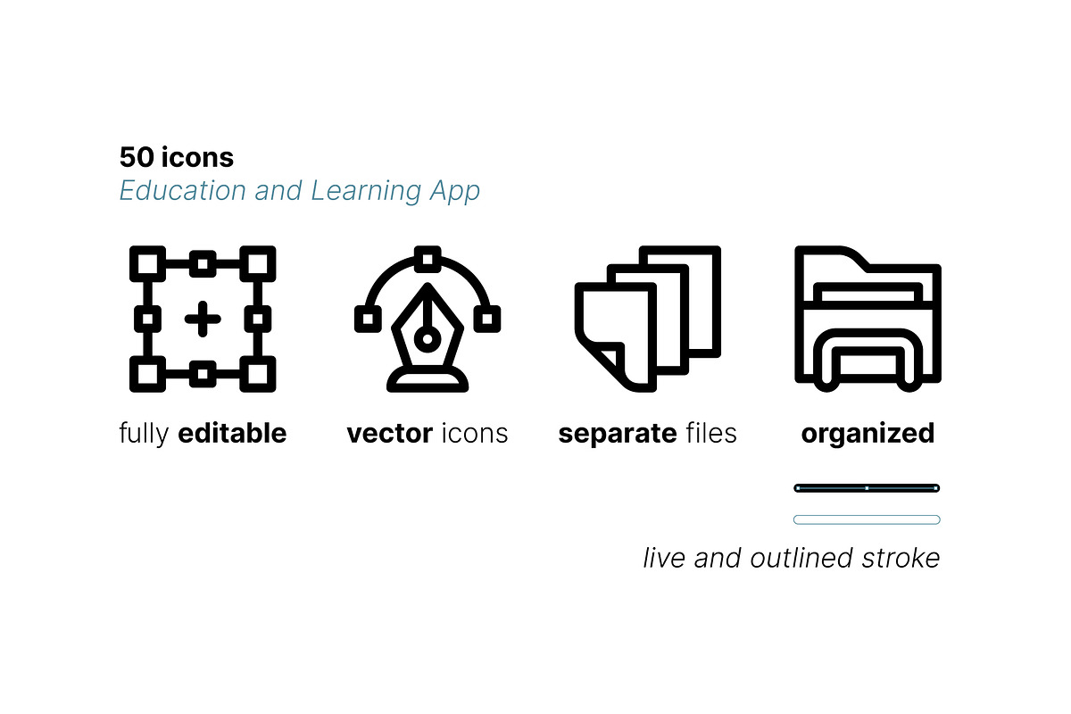 50 Education and Learning App Icons, an Outline Icon by Side Project (Photo 3 of 5)