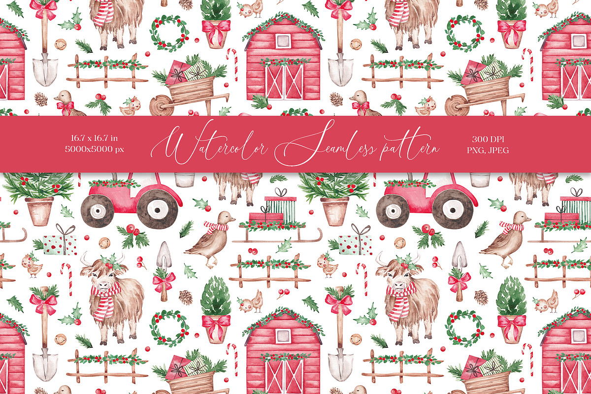 Christmas Farm seamless pattern, a Pattern Graphic by SirenaArt (Photo 1 of 13)