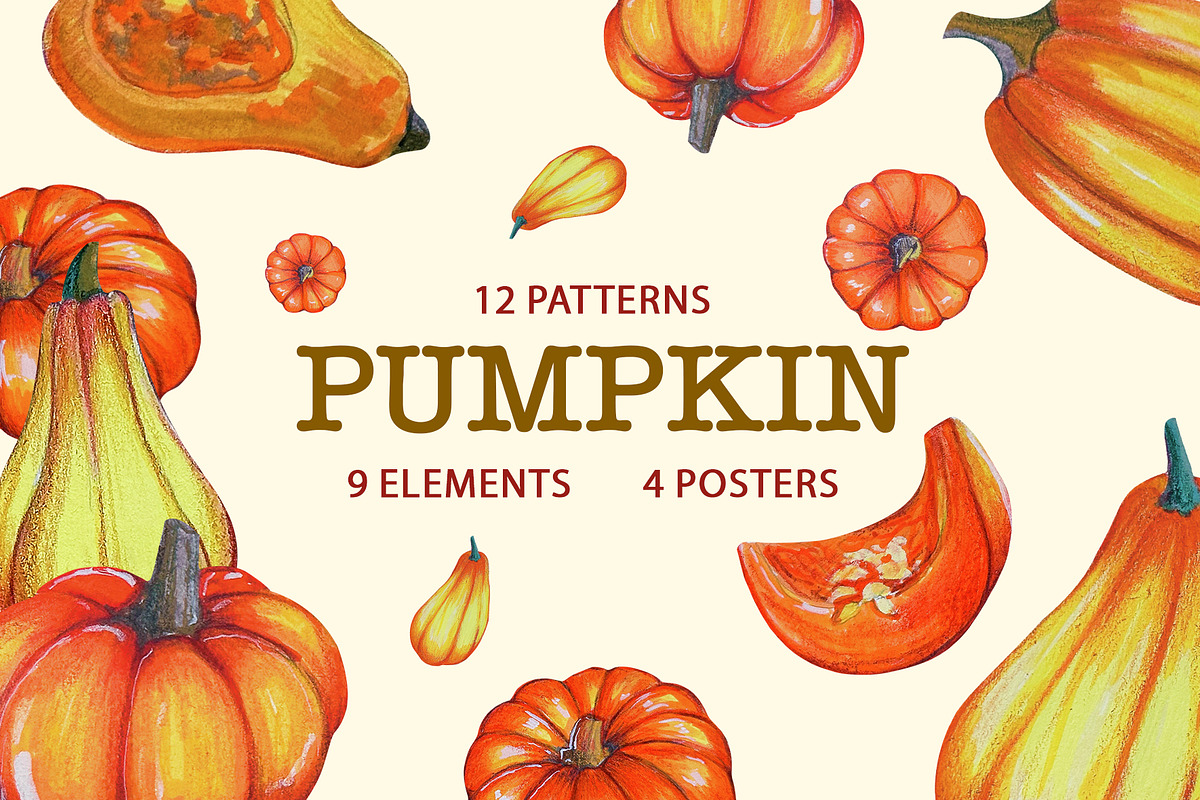 Hand-Drawn Pumpkin Clipart & Pattern, a Seasonal Illustration by KlymchukArtworks (Photo 1 of 8)