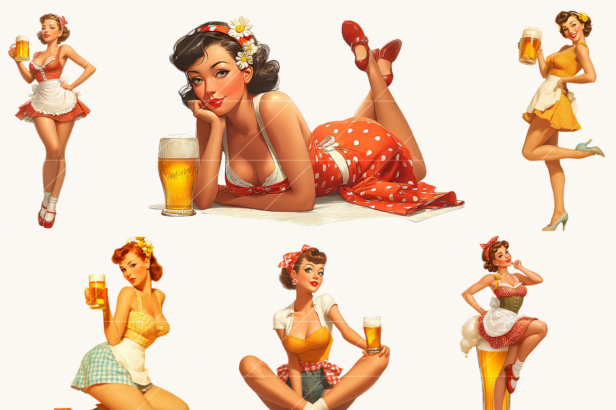 Retro Pin Up Beer Girl Clip Art, a Person Illustration by Design Scotch (Photo 3 of 7)