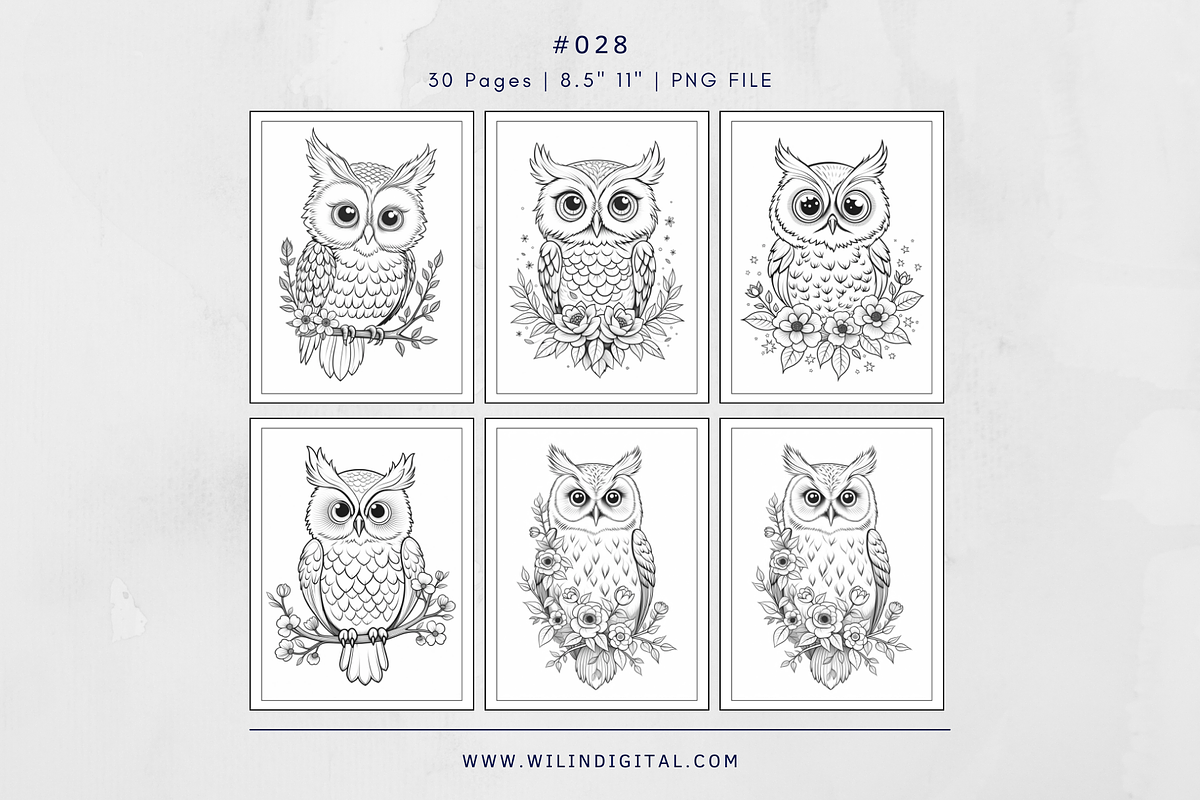 30 Floral Owl Coloring Books, an Illustration by Wilin Digital (Photo 3 of 3)