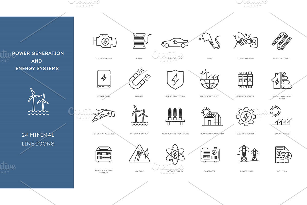 Power Generation outline icons, an Outline Icon by Tettygreen (Photo 1 of 2)