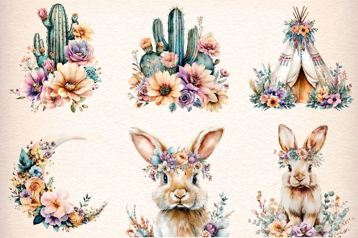 Watercolor Spring Boho Clipart, an Illustration by Digital Artistic99 (Photo 2 of 8)