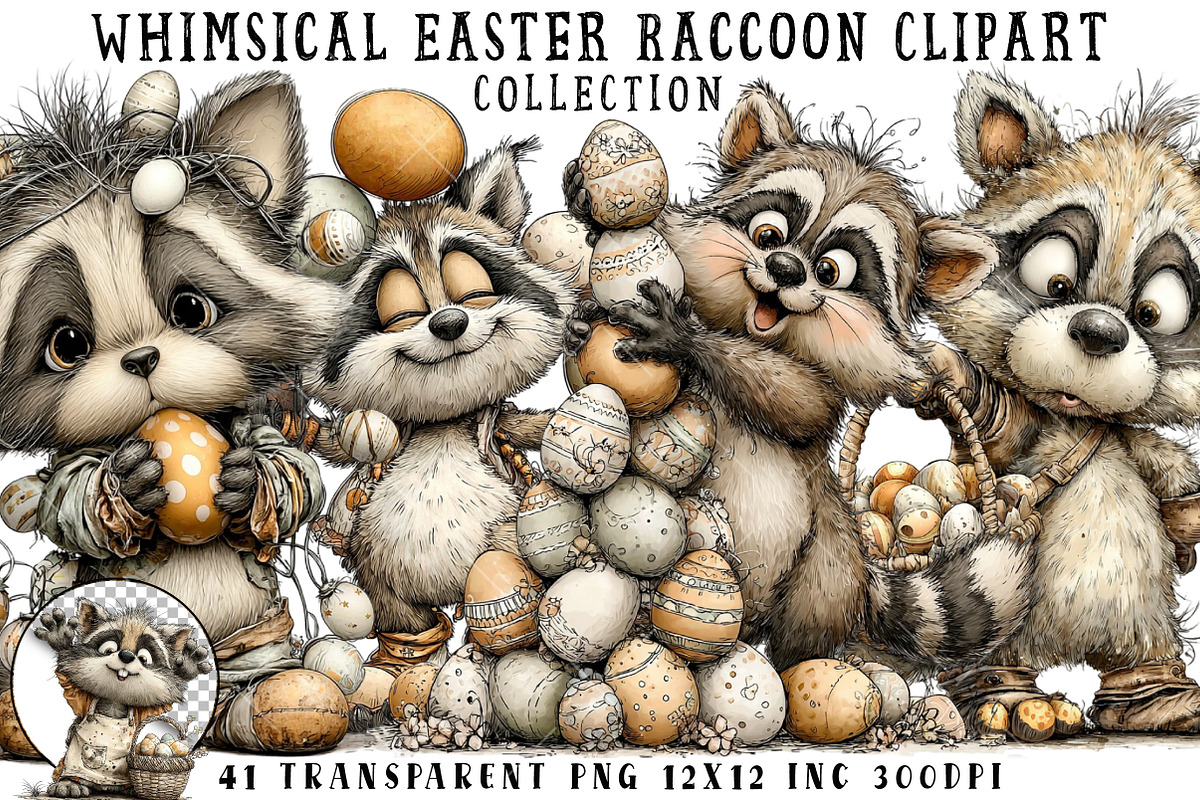 Whimsical Easter Raccoon Clipart, an Illustration by OK Design (Photo 1 of 6)