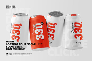 Floating Four 330ml Soda Can Mockup, a Cups & Container Mockup by Toasin Studio
