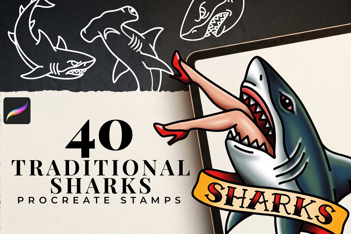 Procreate Traditional Sharks, a Brush Add-On by Studio.Valhalla (Photo 1 of 3)