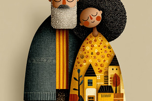 Whimsical Folk Illustration of Elderly Couple with Cozy Village, a Food & Drink Photo by José Manuel Gelpi