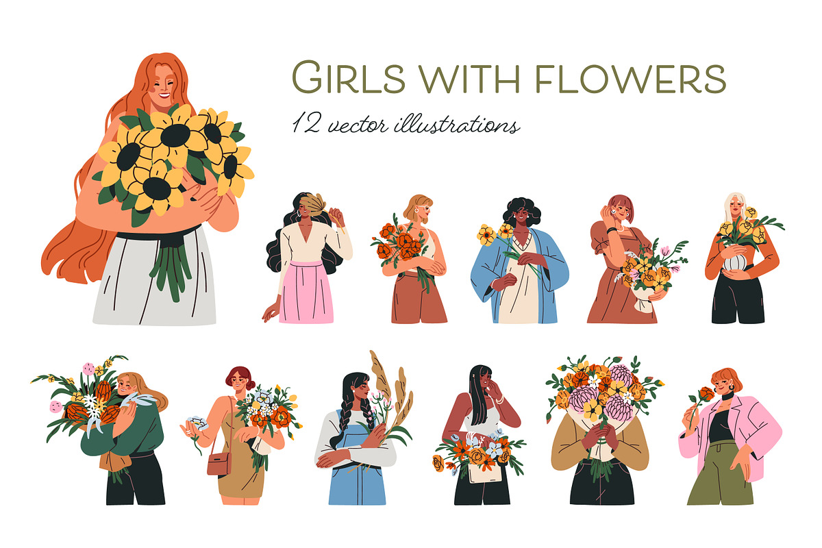 Happy women with flower bouquets set, a Person Illustration by Good Studio (Photo 1 of 12)