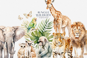 watercolor jungle wildlife clipart, an Animal Illustration by Pink Studio Art
